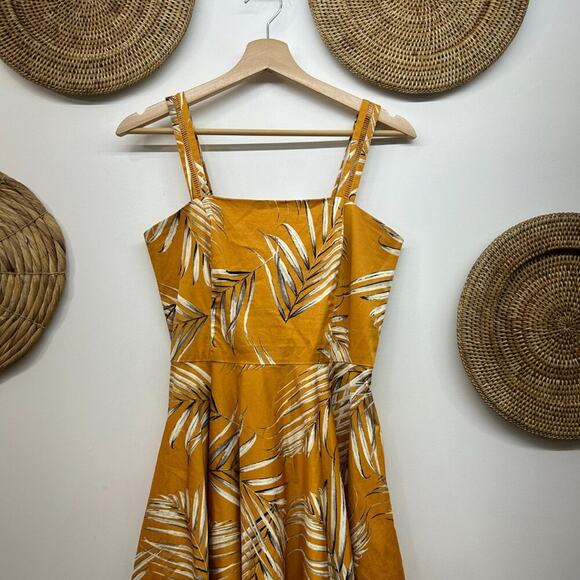White House Black Market Yellow Tropical Fit & Flare Palm Print Midi Dress 2 - Picture 3 of 7